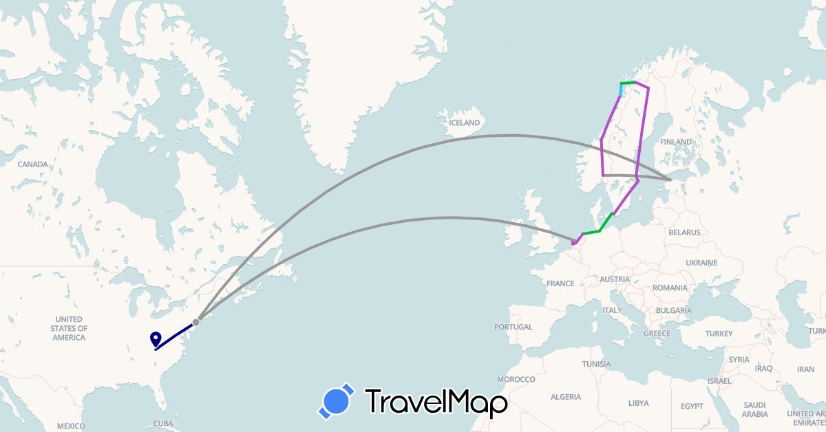 TravelMap itinerary: driving, bus, plane, train, boat in Germany, Denmark, Estonia, Netherlands, Norway, Sweden, United States (Europe, North America)